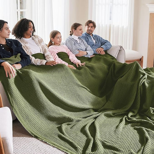 Bedsure 100% Cotton Large Blanket Oversized King for Bed - Breathable Waffle Weave Blanket for Summer Spring, Couch Cover, Olive Green, 120x94 inches