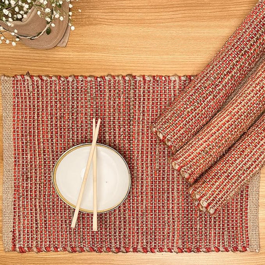 Chardin home Natural Jute - Ombre Rust Orange Placemats, Set of 4 13x19 Inch Table Mats, Rustic Handmade Boho Placemat, Perfect for Holidays, Dinner Parties and Also Everyday Meals