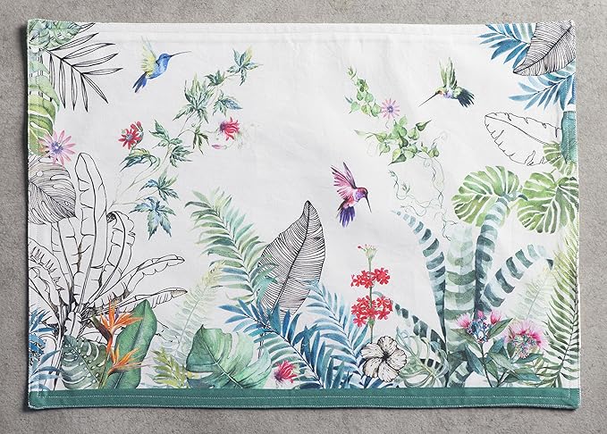 Maison d' Hermine Placemats Set of 4 100% Cotton Washable Cloth Place Mats, Reusable Table Mats for Kitchen Dining Decoration, Party, Wedding, Restaurant Spring/Summer (Tropiques, 13" x 19")