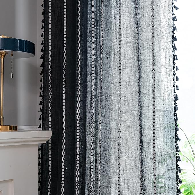 Sutuo Home Boho Curtain for Bedroom, Semi Blackout Linen Farmhouse Shabby Chic Tassels Window Treatment Bohemian Embroidery Drape for Halloween Decor, Rod Pocket 1 Panel 52" W x 84" L, Black
