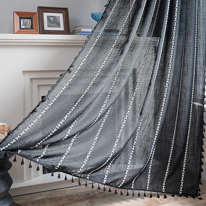 Sutuo Home Boho Curtain for Bedroom, Semi Blackout Linen Farmhouse Shabby Chic Tassels Window Treatment Bohemian Embroidery Drape for Halloween Decor, Rod Pocket 1 Panel 52" W x 84" L, Black