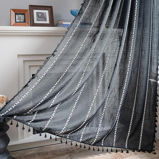 Sutuo Home Boho Curtain for Bedroom, Semi Blackout Linen Farmhouse Shabby Chic Tassels Window Treatment Bohemian Embroidery Drape for Halloween Decor, Rod Pocket 1 Panel 52" W x 84" L, Black