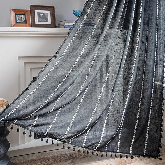 Sutuo Home Boho Curtains for Bedroom Living Room Kitchen, Semi Blackout Linen Farmhouse Shabby Chic Tassels Window Treatment Bohemian Embroidery Drape, Rod Pocket 1 Panel 52" W x 96" L, Black