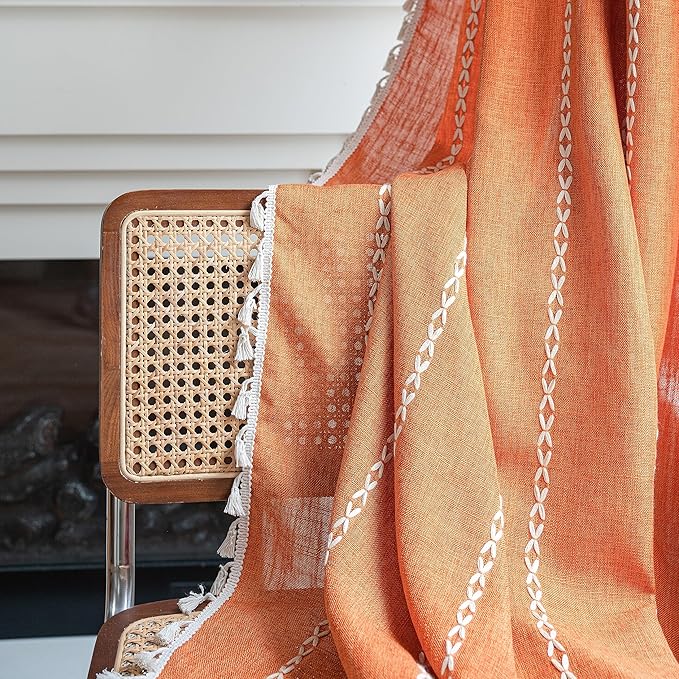 Sutuo Home Boho Curtains for Bedroom 84 Inches Long, Terracotta Semi Blackout Farmhouse Tassels Window Treatment Bohemian Embroidery Drape for Halloween Decor, Rod Pocket 1 Panel 52" W x 84" L, Orange