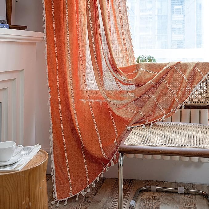 Sutuo Home Boho Curtains for Bedroom 84 Inches Long, Terracotta Semi Blackout Farmhouse Tassels Window Treatment Bohemian Embroidery Drape for Halloween Decor, Rod Pocket 1 Panel 52" W x 84" L, Orange