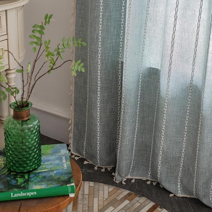 Sutuo Home Boho Curtains for Bedroom Dining Room Kitchen, Semi Blackout Linen Farmhouse Shabby Chic Tassels Window Treatment Bohemian Embroidery Drape, Rod Pocket 1 Panel 52" W x 63" L, Greyish Blue