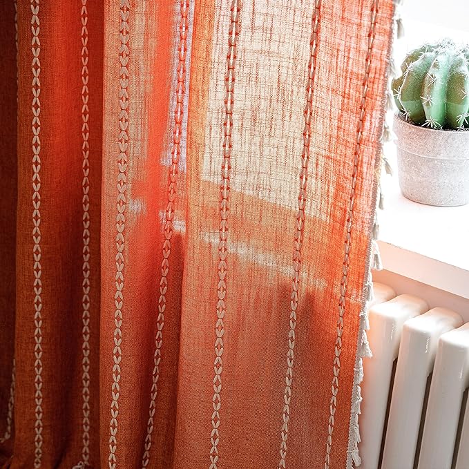 Sutuo Home Boho Curtains for Bedroom 84 Inches Long, Terracotta Semi Blackout Farmhouse Tassels Window Treatment Bohemian Embroidery Drape for Halloween Decor, Rod Pocket 1 Panel 52" W x 84" L, Orange